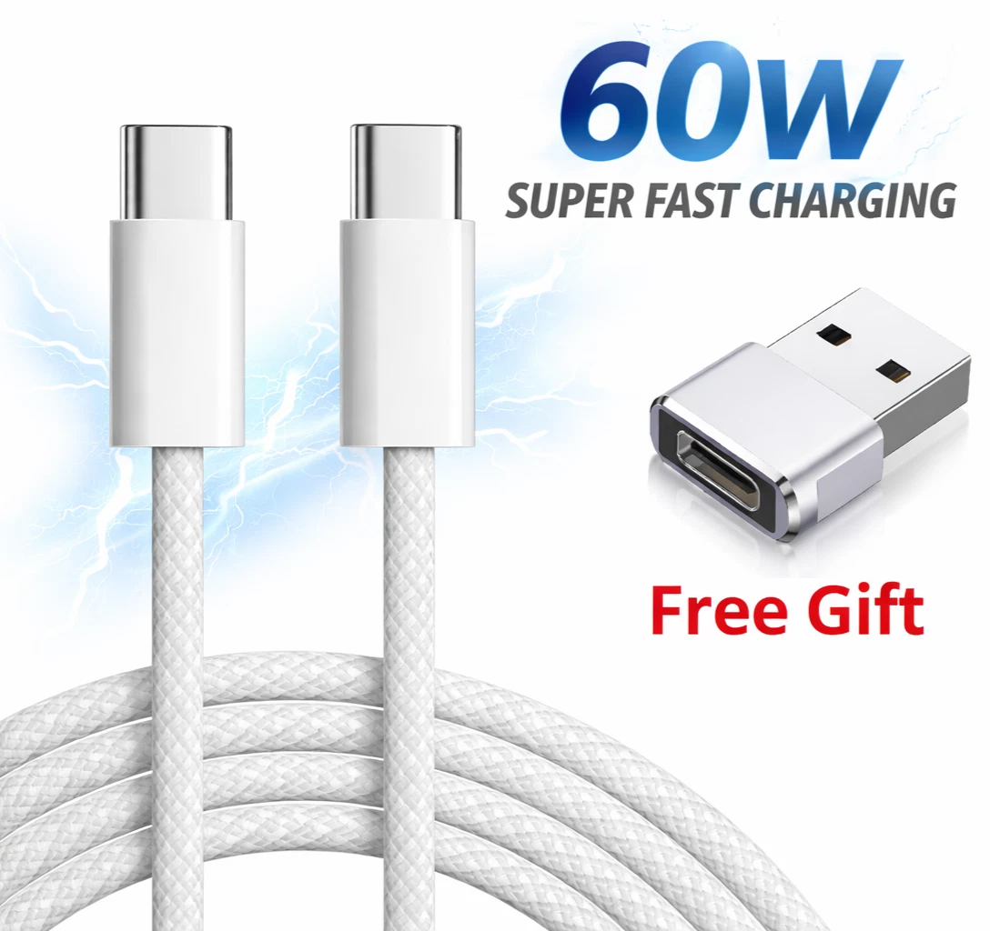 Type C to Type C Cable PD 60W Fast Charger Braided Cable Long USB C Nylon Lead